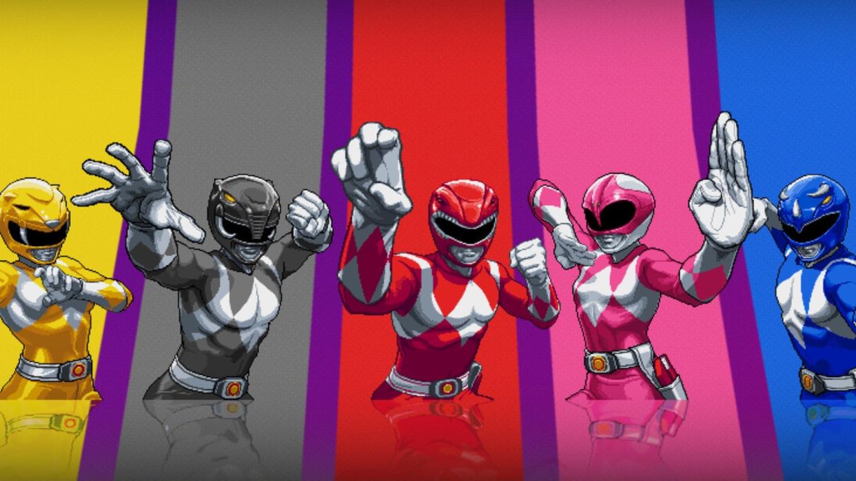  Pixel art power rangers doing battle with foes in Mighty Morphin Power Rangers Rita's Rewind. 