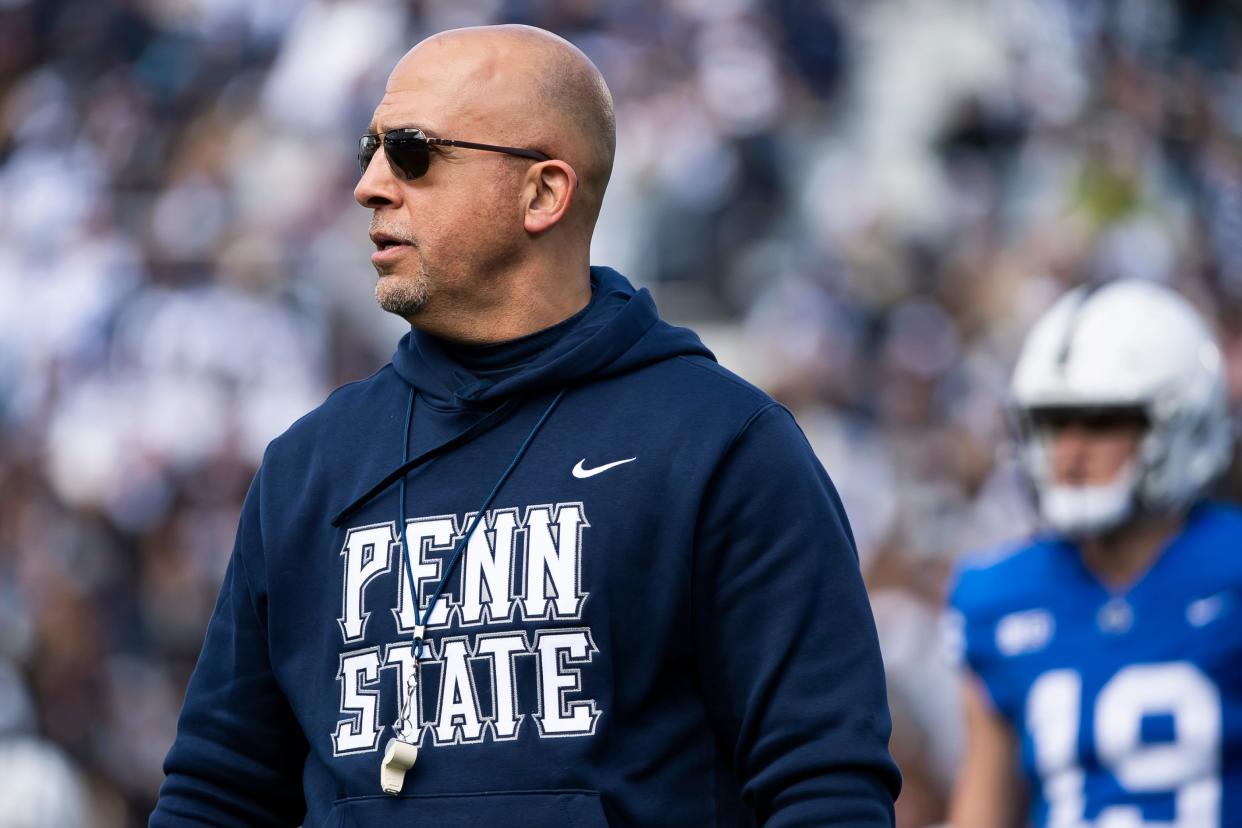 Penn State head coach James Franklin watches during the Blue-White game at Beaver Stadium on Saturday, April 13, 2024, in State College.