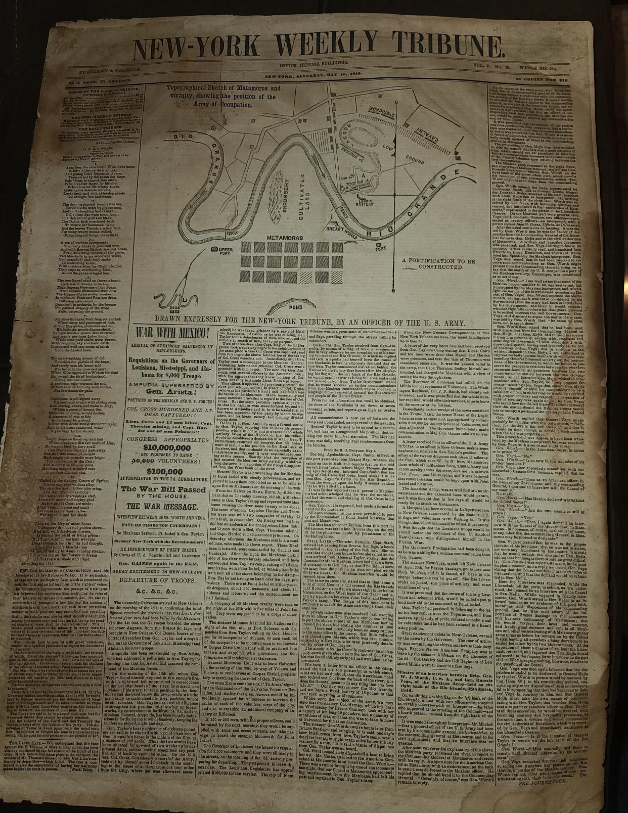 A May 16, 1846 newspaper showing the position of Taylor's army in Matamoros, Mexico. From the personal collection of Herb Canales.