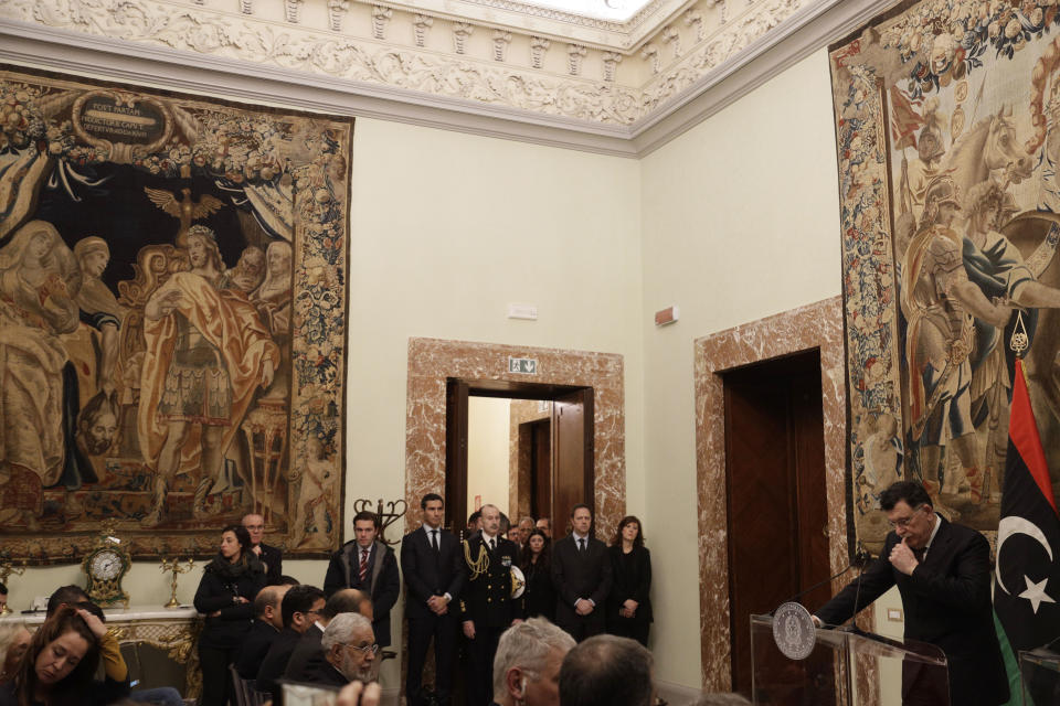 Libya's Prime Minister Fayez al-Sarraj holds a press conference after his meeting with Italian Premier Giuseppe Conte at Chigi palace, in Rome, Saturday, Jan. 11, 2020. (AP Photo/Gregorio Borgia)