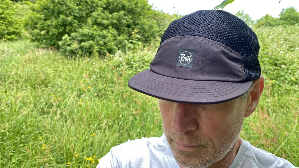 A picture of the Buff 5-Panel Air Cap worn by the reviewer, showing the mesh fabric on top of the hat