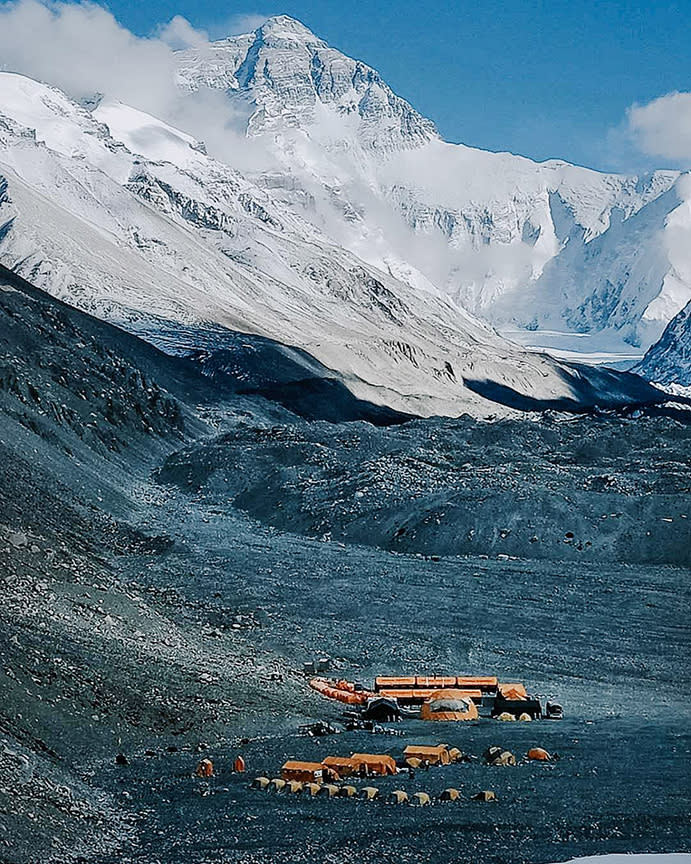 The north side of Everest and the Rongbuk glacier at its foot, with the tents of Base Camp.