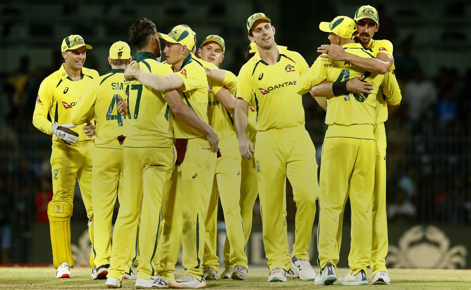 Australian players, pictured here celebrating their victory over India in the third ODI.