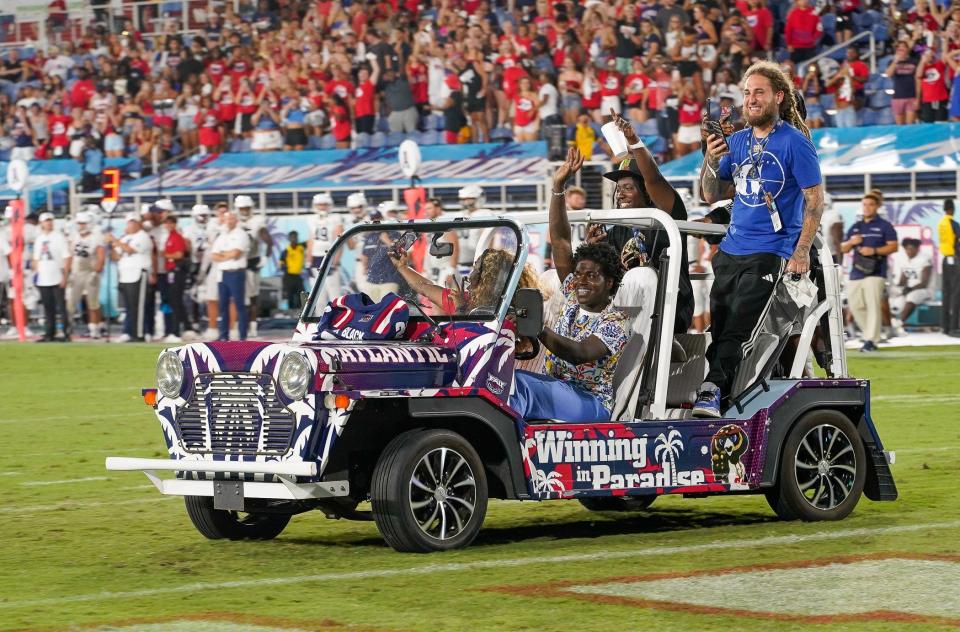 Rapper Kodak Black and friends entertain the crowd at the FAU-Monmouth football game at FAU Stadium on Saturday, Sept. 2, 2023, in Boca Raton.