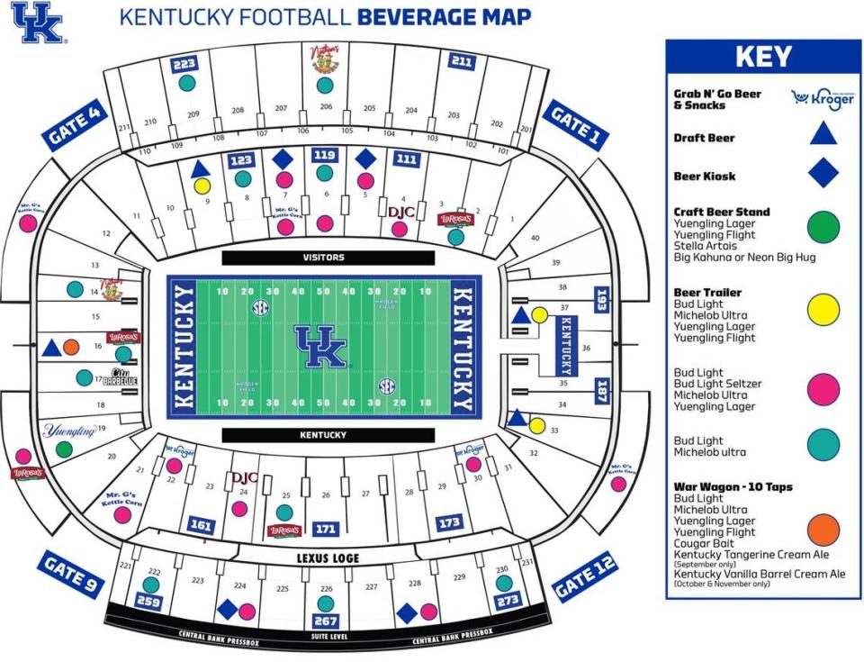 Beer and seltzer products will be available at Kroger Field for Kentucky football home games during the 2023 season. These products will be sold at different locations around the stadium.