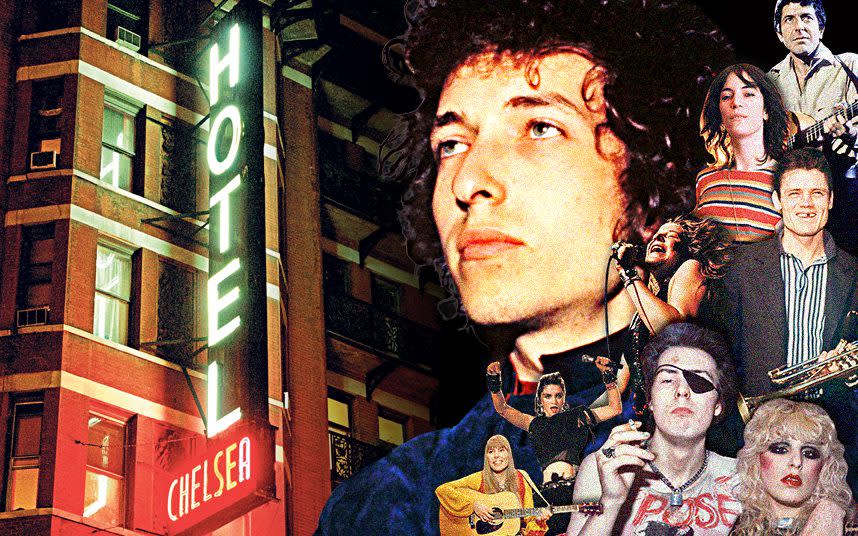 Residents of the hotel included, clockwise from bottom right, Nancy Spungen, Sid Vicious, Joni Mitchell, Madonna, Janis Joplin, Bob Dylan, Patti Smith, Leonard Cohen and Chet Bake