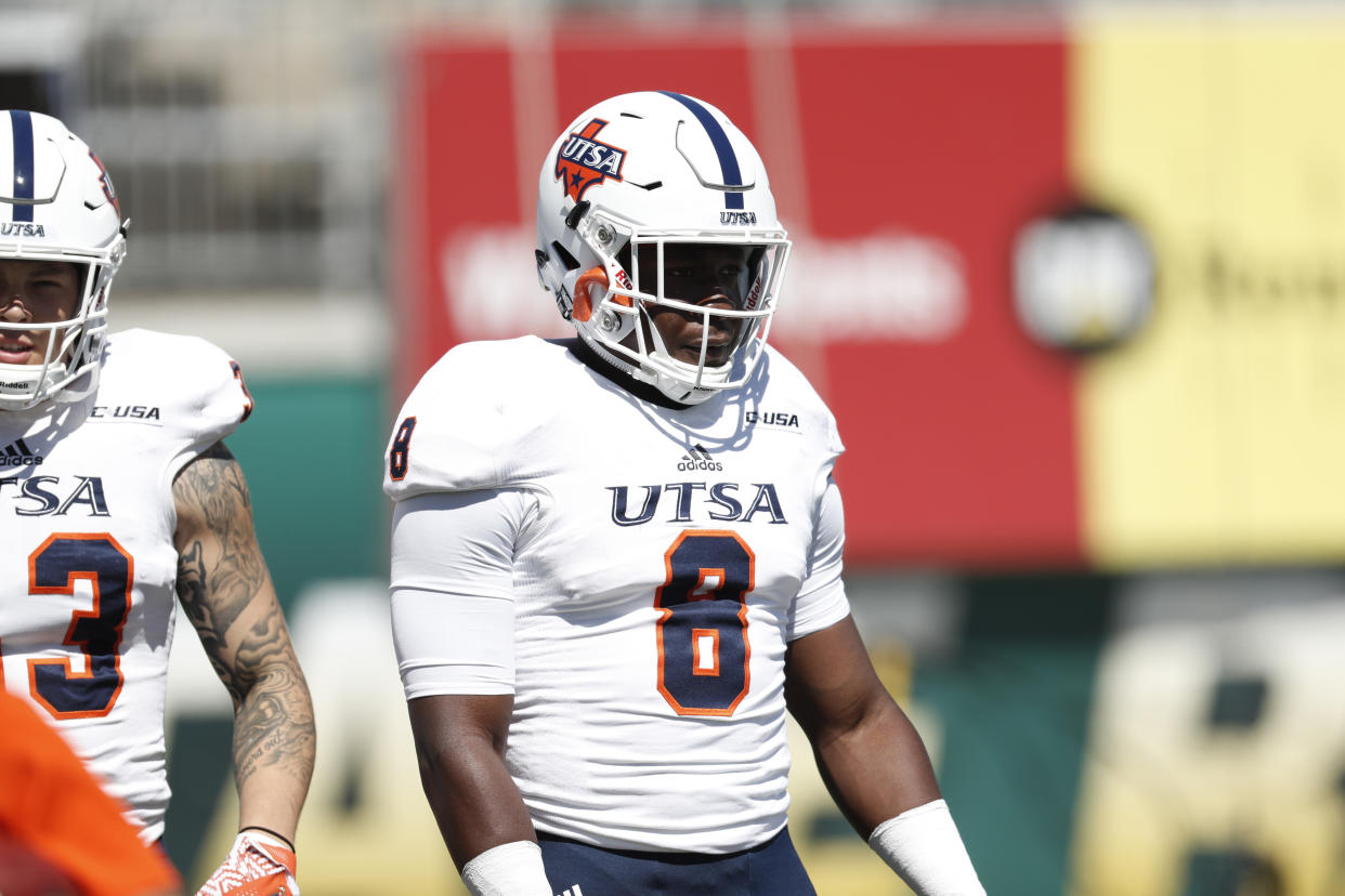 Former UTSA safety Michael Egwuagu was charged with murder on Friday. (AP Photo/David Zalubowski)