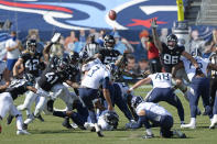 Tennessee Titans kicker Stephen Gostkowski (3) kicks a 49-yard field goal against the Jacksonville Jaguars in the fourth quarter of an NFL football game Sunday, Sept. 20, 2020, in Nashville, Tenn. The kick gave the Titans a 33-30 win. (AP Photo/Mark Zaleski)