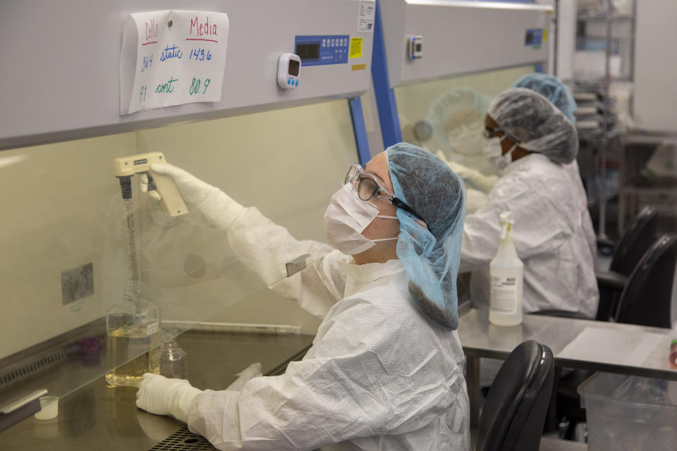 CORRECTS COMPANY NAME TO MIROMATRIX NOT MICROMATRIX - Technicians add cells to media that will be used to add cells to the organs growing in bioreactors in a Miromatrix laboratory on Tuesday, Dec. 8, 2022, in Eden Prairie, Minn. Stripping away the pig cells removes some of the risks of xenotransplantation, such as lurking animal viruses or hyper-rejection, says Jeff Ross, CEO of Miromatrix. The FDA already considers the decellurized pig tissue safe for another purpose, using it to make a type of surgical mesh. (AP Photo/Andy Clayton-King)