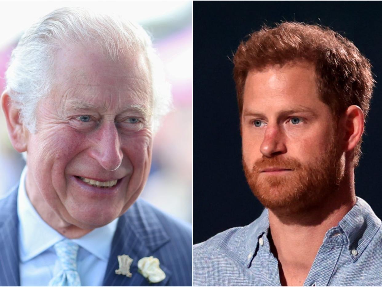 A composite photo of Prince Charles on the left and Prince Harry on the right.