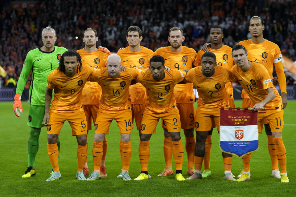 FILE - Netherlands' players lie up for the UEFA Nations League soccer match between the Netherlands and Belgium at the Johan Cruyff ArenA in Amsterdam, Netherlands, Sunday, Sept. 25, 2022. (AP Photo/Peter Dejong, File)