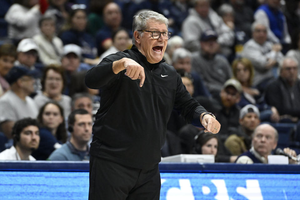 UConn coach Geno Auriemma gestures during the second half of the team's NCAA college basketball game against Creighton, Wednesday, Feb. 15, 2023, in Storrs, Conn. (AP Photo/Jessica Hill)