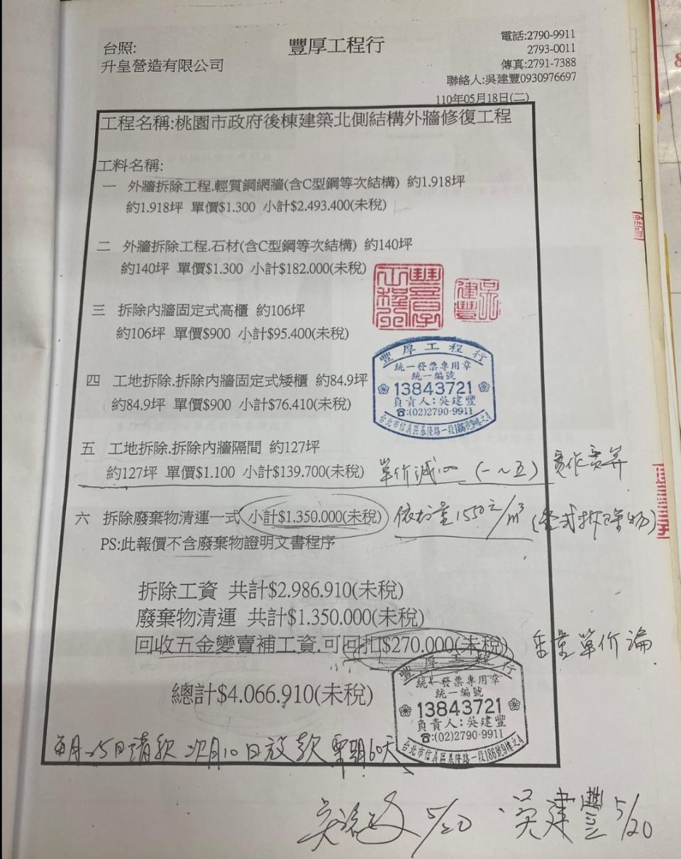 圖片說明：升皇老闆吳建豐簽名的合約上，載明拆除後回收物屬《豐厚工程行》所有。（圖／投訴人提供）