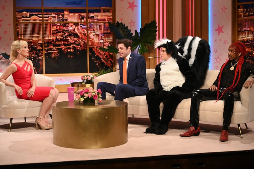 From left, Britney Spears (Chloe Fineman), Matt Gaetz (Pete Davidson), Pepé Le Pew (Kate McKinnon) and Lil Nas X (Chris Redd) during the "Oops, You Did It Again" cold open on Saturday, April 3, 2021.