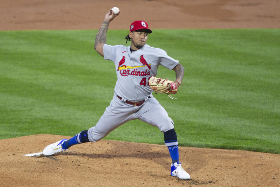 St Louis Cardinals pitcher Carlos Martinez throws during the first inning of the team's baseball game against the Philadelphia Phillies, Friday, April 16, 2021, in Philadelphia. (AP Photo/Laurence Kesterson)