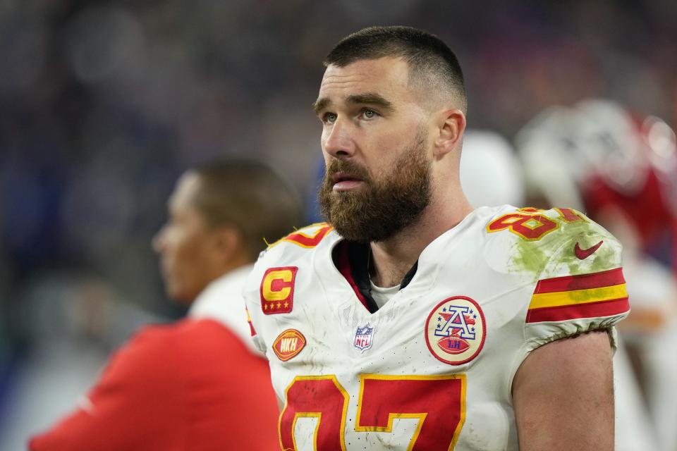 Kansas City Chiefs tight end Travis Kelce (87) looks on during the second half of the AFC Championship NFL football game against the Baltimore Ravens, Sunday, Jan. 28, 2024, in Baltimore. (AP Photo/Matt Slocum)