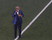 Italian tenor Andrea Bocelli performs prior to the Euro 2020, soccer championship group A match between Italy and Turkey, at the Rome Olympic stadium, Friday, June 11, 2021. (AP Photo/Andrew Medichini, Pool)