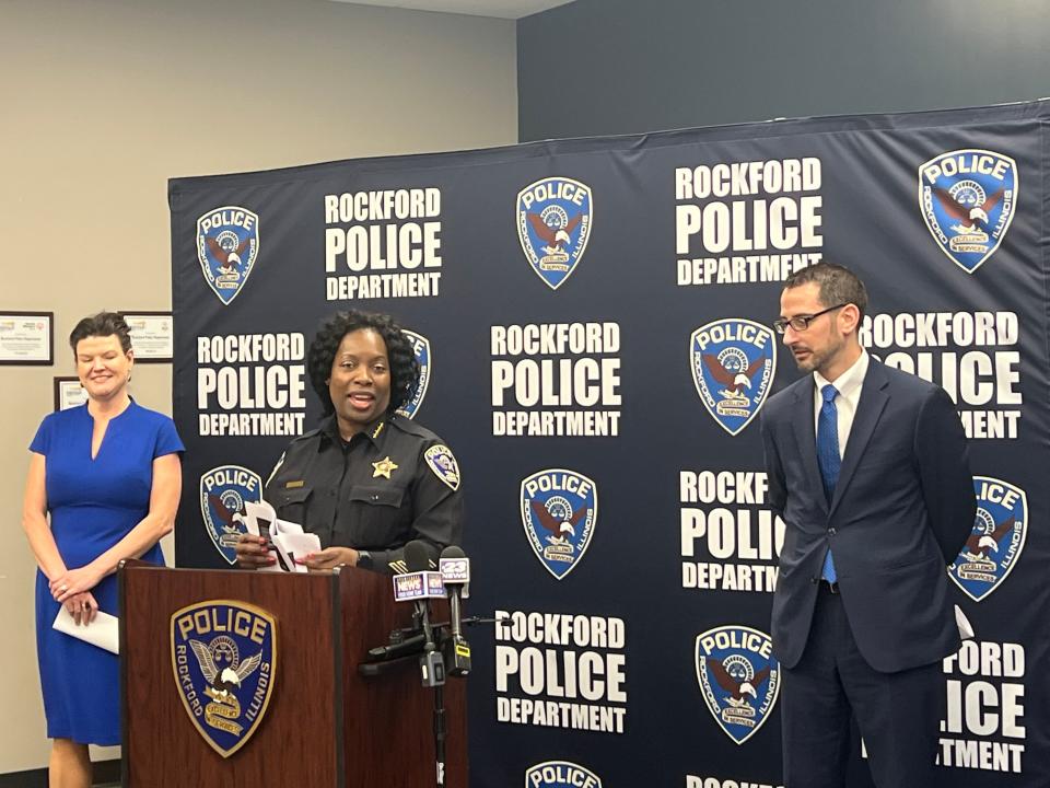 Rockford Police Chief Carla Redd is flanked by, left, Jennifer Cacciapaglia, executive director of the Mayor’s Office of Domestic and Community Violence Prevention, and Mayor Tom McNamara on Wednesday, Feb. 21, 2024, during a news conference at the District 3 police station in Rockford.