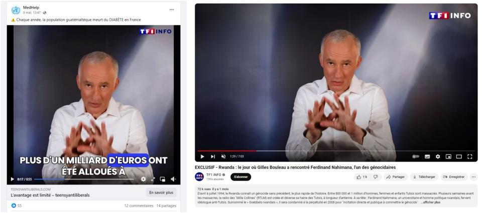 <span>Captures d'écran prises sur Facebook (à gauche) et sur YouTube (à droite) le 16 mai 2024. </span>