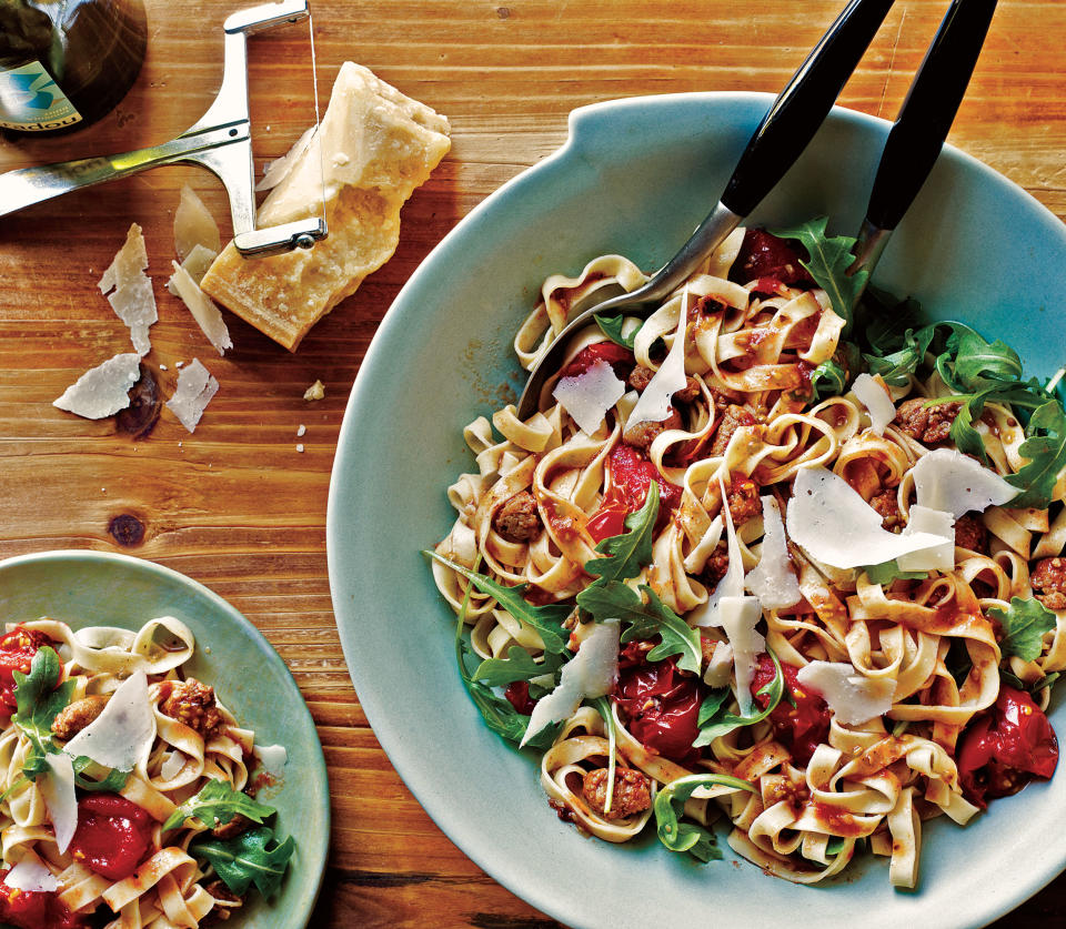 Sausage, Tomato, and Arugula Fettuccine