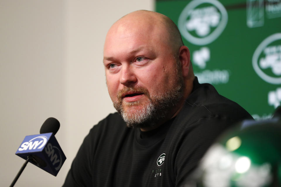 New York Jets general manager Joe Douglas answers questions from reporters during an NFL football pre-draft press conference on Tuesday, April 25, 2023, in Florham Park, N.J. (AP Photo/Noah K. Murray)