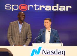 NEW YORK, NY – September 14, 2021: Investor Michael Jordan joins Sportradar Founder and CEO Carsten Koerl for opening remarks before ringing the Nasdaq opening bell in celebration of the launch of the company’s IPO on September 14, 2021 in New York City. (Photography courtesy of Nasdaq, Inc.)