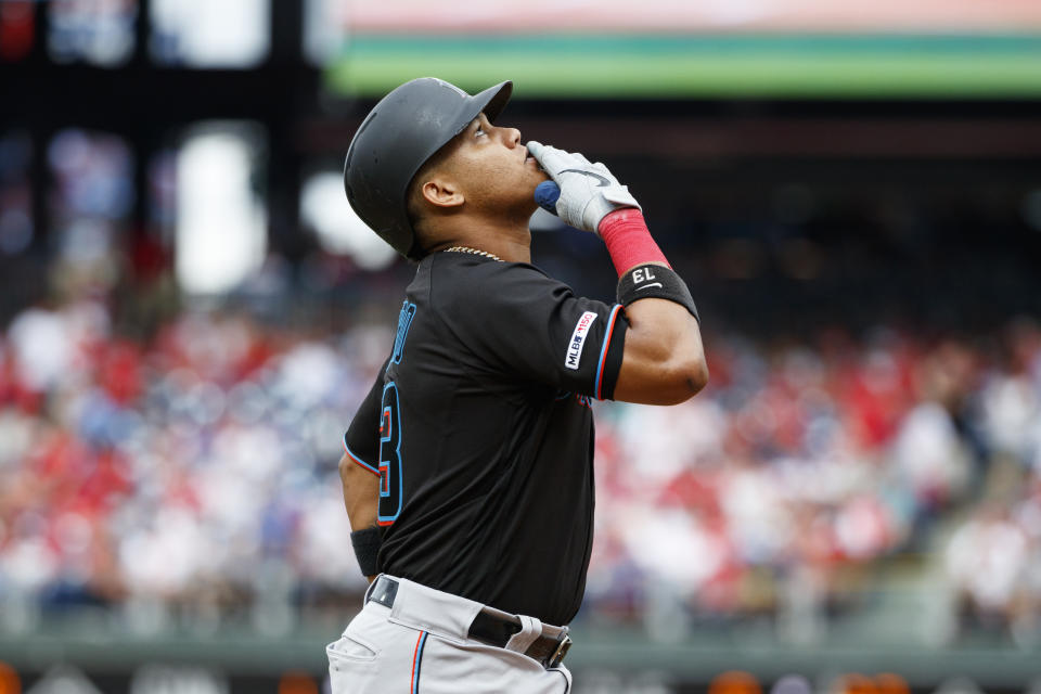 Miami Marlins' Starlin Castro reacts after hitting a home run off Philadelphia Phillies relief pitcher Blake Parker during the second inning of a baseball game, Sunday, Sept. 29, 2019, in Philadelphia. (AP Photo/Matt Slocum)