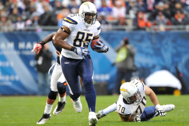 Former San Diego Chargers tight end Antonio Gates (85) is one of 15 modern-era finalists for the Pro Football Hall of Fame. File Photo by Brian Kersey/UPI