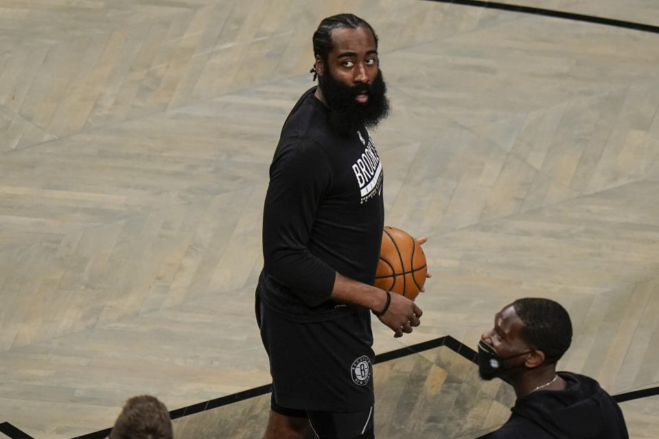 Brooklyn Nets' James Harden warms up before Game 7 of a second-round NBA basketball playoff series against the Milwaukee Bucks, Saturday, June 19, 2021, in New York. (AP Photo/Frank Franklin II)