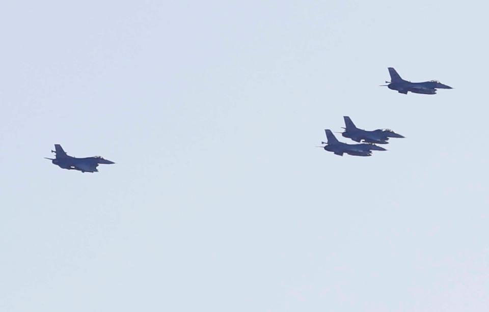 Wisconsin Air National Guard pilots in F-16 jets fly over Froedtert Hospital and Children's Hospital of Wisconsin, Tuesday, May 12, 2020,  to salute health care workers and first responders on the front lines of the coronavirus pandemic.