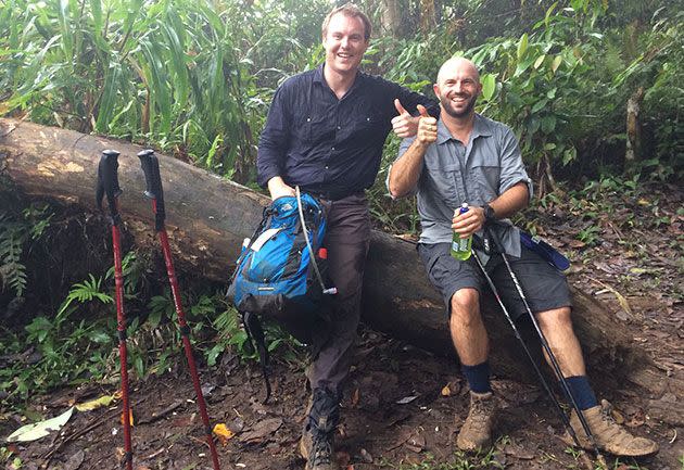 The political jungle: 7News reporter Lee Jeloscek and cameraman Cameron Harvey on the Kokoda trail.