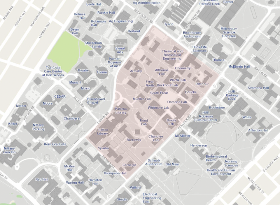 Bike use is prohibited on pedestrian pathways within Penn State’s “limited bicycle zone,” highlighted in light pink on this map.