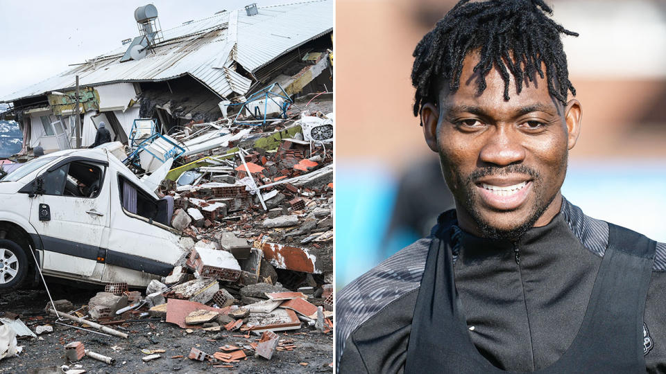 Pictured right, football star Christian Atsu and the aftermath of deadly earthquakes in Turkey on the left.