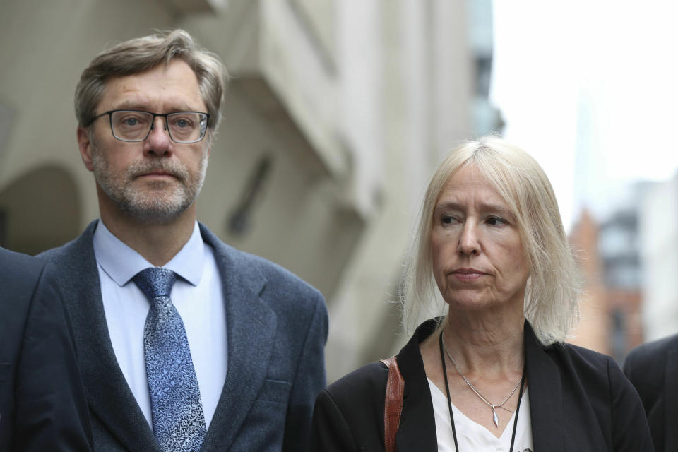 John Letts and Sally Lane speaks outside the Old Bailey in London, Friday, June 21, 2019. The parents of a British man who converted to Islam and supported the Islamic State group in Syria were given suspended prison sentences for trying to send him money. Organic farmer John Letts, 58, and ex-Oxfam fundraiser Sally Lane, 56, say they were acting as any parents would have done when they tried to send their 23-year-old son cash. (Yui Mok/PA via AP)