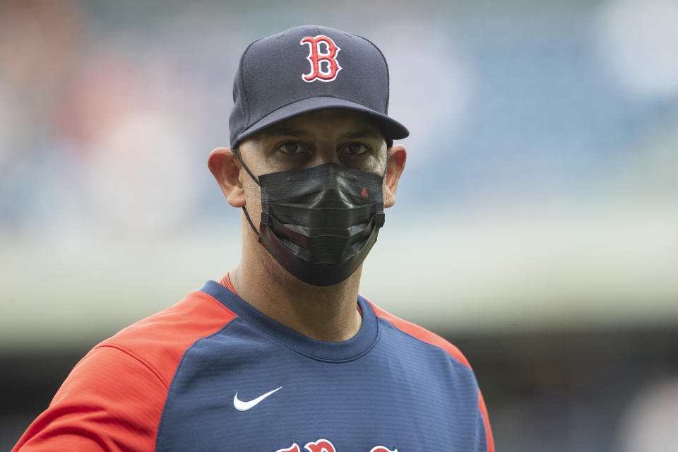 PHILADELPHIA, PA - MAY 23: Manager Alex Cora #13 of the Boston Red Sox looks on against the Philadelphia Phillies at Citizens Bank Park on May 23, 2021 in Philadelphia, Pennsylvania. The Phillies defeated the Red Sox 6-2. (Photo by Mitchell Leff/Getty Images)