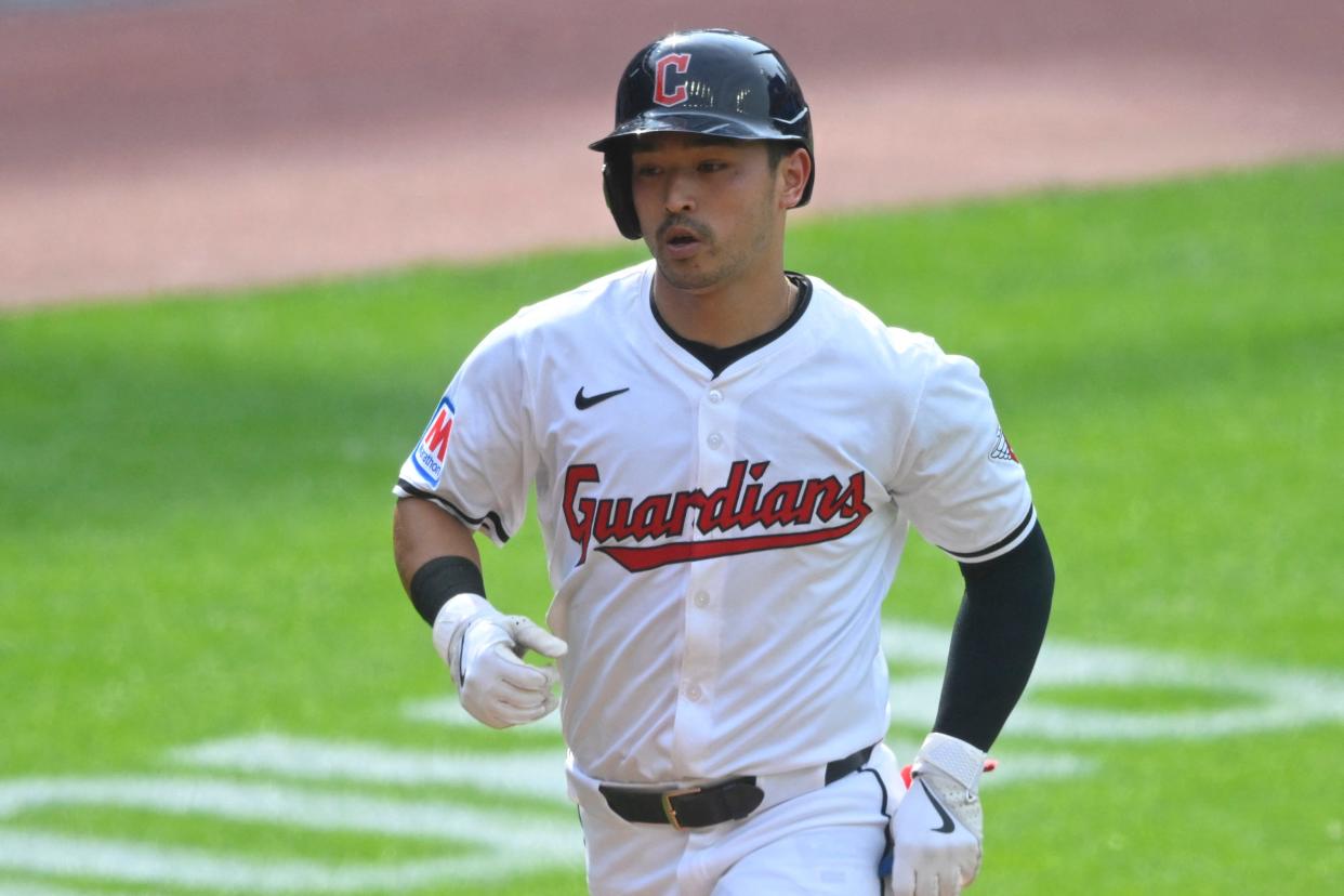 Guardians left fielder Steven Kwan rounds the bases on his solo home run in the fifth inning against the Toronto Blue Jays, June 22, 2024, in Cleveland.