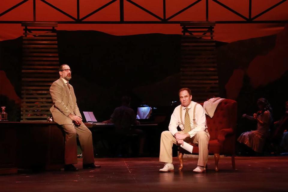 Jim Ballard as Mayor Dobbs, left, and Alex Jorth as his son Jimmy Ray in Actors’ Playhouse “Bright Star.” (Photo courtesy of Alberto Romeu)