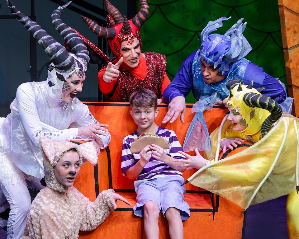 The “Dragons Love Tacos” cast features (clockwise from left) Amaya Veldkamp as Leroy, Maggie Miller as White Dragon, Michael Howland as Red Dragon, Cedric Fevrier as Blue Dragon, Amanda Arthur-Struss as Yellow Dragon, and Knox Schupbach as Boy. "Dragons Love Tacos" performs at the Des Moines Playhouse March 1-10.