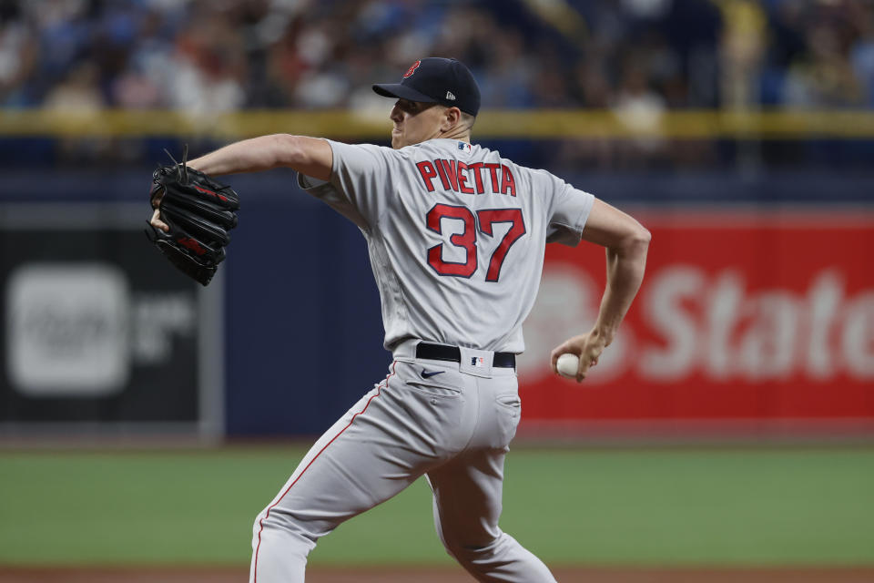 Boston Red Sox starting pitcher Nick Pivetta (37) works from the mound against the Tampa Bay Rays during the first inning of a baseball game, Sunday, Aug. 1, 2021, in St. Petersburg, Fla. (AP Photo/Scott Audette)