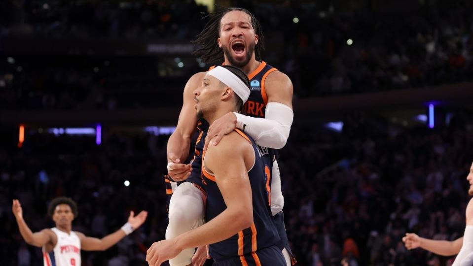 New York Knicks guard Jalen Brunson (11) celebrates with guard Josh Hart (3) during the fourth quarter against the Detroit Pistons at Madison Square Garden.