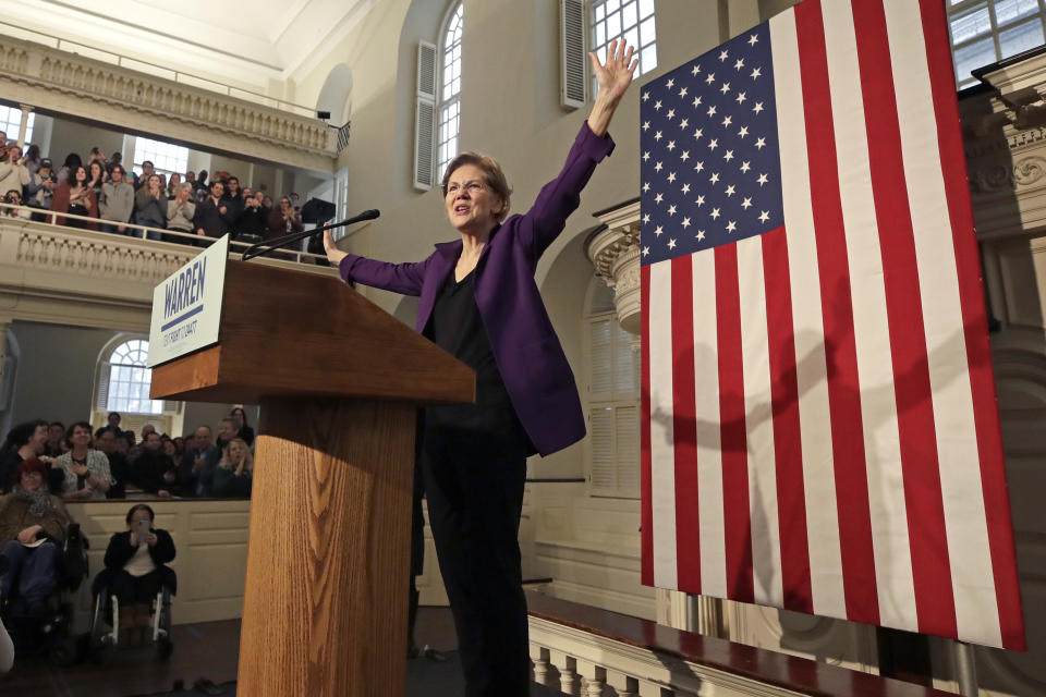Democratic presidential candidate Sen. Elizabeth Warren, D-Mass., acknowledges the crowd during a campaign event at the Old South Meeting House, Friday, Dec. 31, 2019, in Boston. (AP Photo/Elise Amendola)