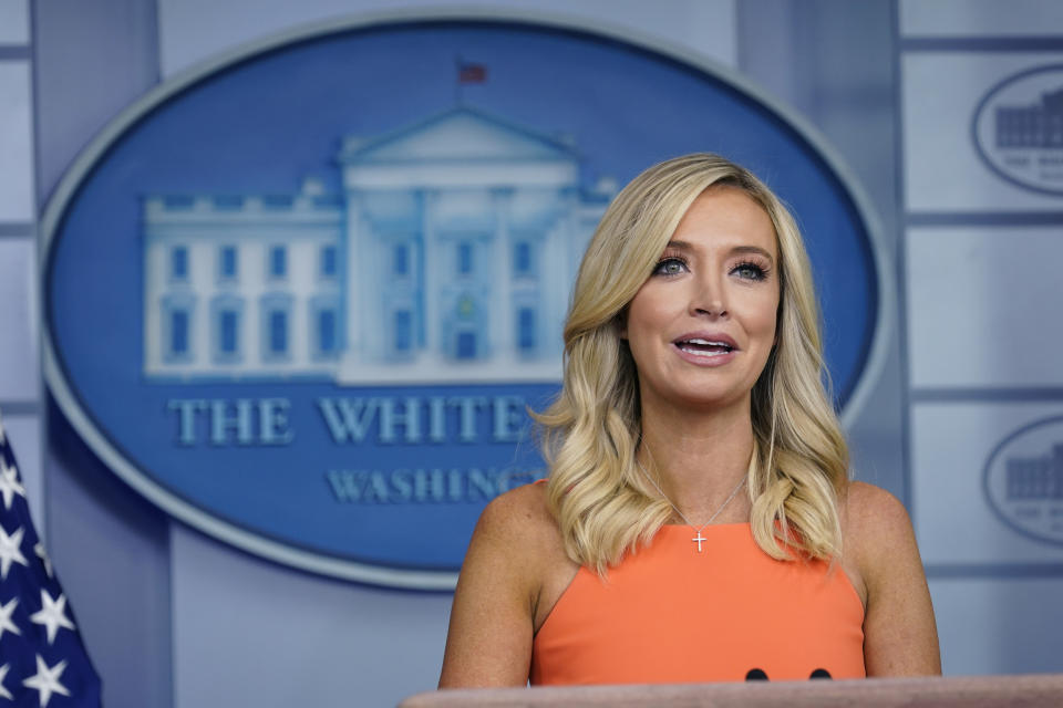 White House press secretary Kayleigh McEnany speaks during a press briefing at the White House, Monday, June 29, 2020, in Washington. (AP Photo/Evan Vucci)