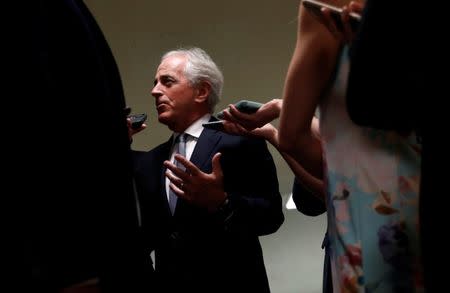 U.S. Senator Bob Corker (R-TN) speaks with news media at the U.S. Capitol building in Washington, U.S., July 16, 2018. REUTERS/Leah Millis