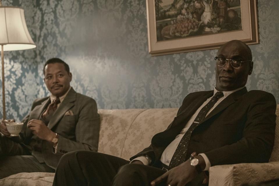 Terrence Howard (left) plays Arthur Hardwick Jr. and Lance Reddick portrays Wesley McDonald “Mac” Holder in “Shirley.” (Credit: Glen Wilson/Netflix © 2023)