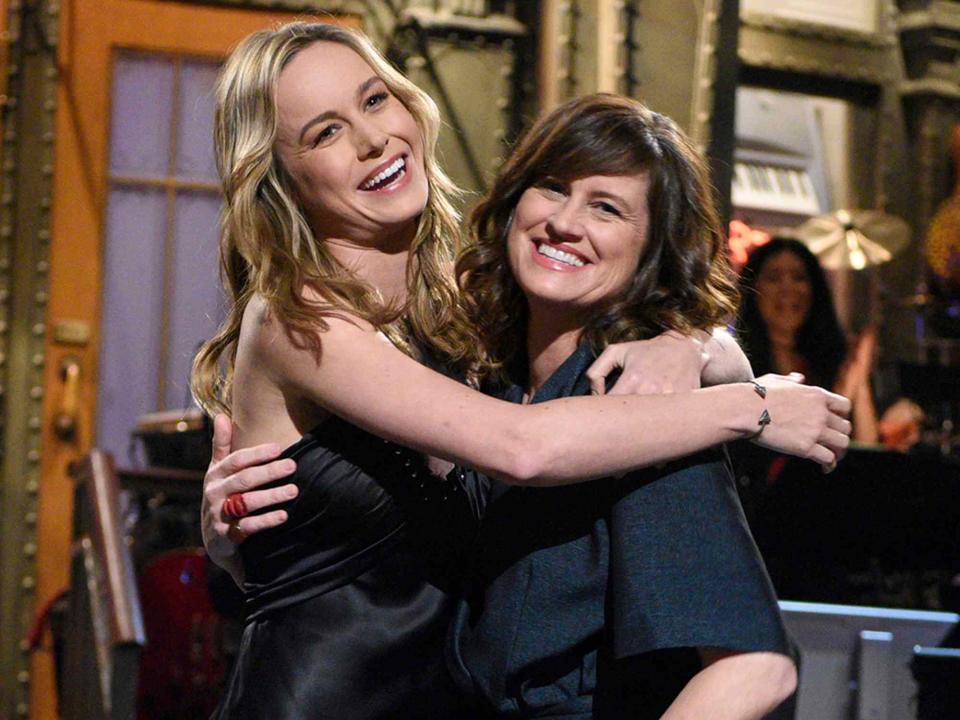 <p>Dana Edelson/NBCU Photo Bank/NBCUniversal/Getty</p> Brie Larson and Heather Desaulniers during the monologue on 