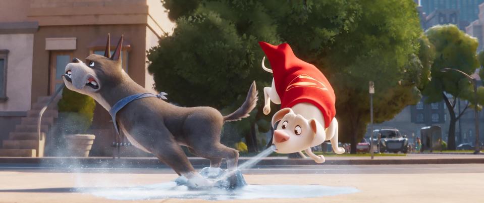 FILE - Ace the Bat-Hound, voiced by Kevin Hart, left, and Krypto the Super-Dog, voiced by Dwayne Johnson, right, in "DC League of Super-Pets." Hart performs in Augusta on Thursday.