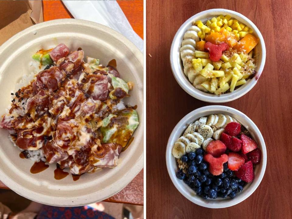 A bowl of poke and two acai bowls topped with lots of fruit.