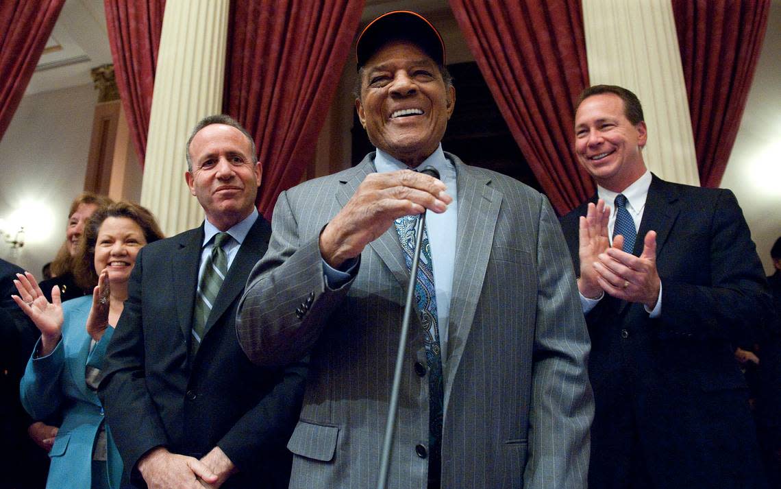Willie Mays takes the microphone as he thanks senators for inviting him to Sacramento for the declaration of Willie Mays Day in California in 2010. Behind him stand then-Senate President Pro Tem Darrell Steinberg, D-Sacramento, and then-Senate Republican Leader Dennis Hollingsworth, R-Murrieta, right.