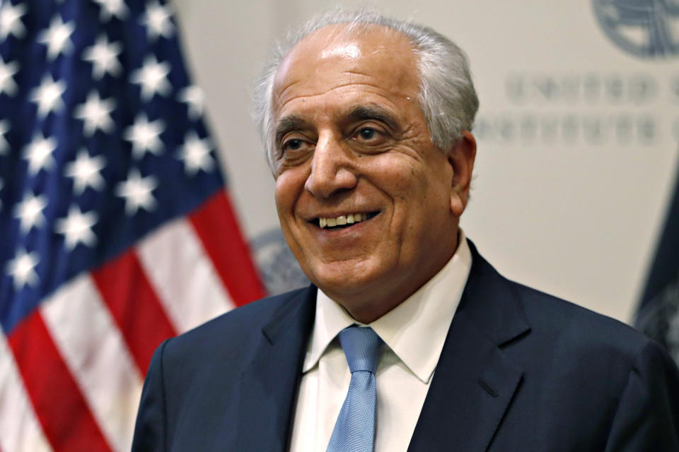 FILE - In this Feb. 8, 2019 file photo, Special Representative for Afghanistan Reconciliation Zalmay Khalilzad smiles at the U.S. Institute of Peace, in Washington. Khalilzad and the Taliban have resumed negotiations on ending America’s longest war. A Taliban member said Khalilzad also had a one-on-one meeting on Wednesday, Aug. 21, 2019, with the Taliban’s lead negotiator, Mullah Abdul Ghani Baradar, in Qatar, where the insurgent group has a political office. (AP Photo/Jacquelyn Martin, File)
