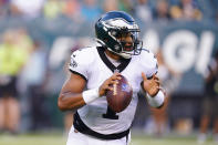 Philadelphia Eagles quarterback Jalen Hurts looks to pass during a preseason NFL football game against the Pittsburgh Steelers Thursday, Aug. 12, 2021, in Philadelphia. (AP Photo/Chris Szagola)